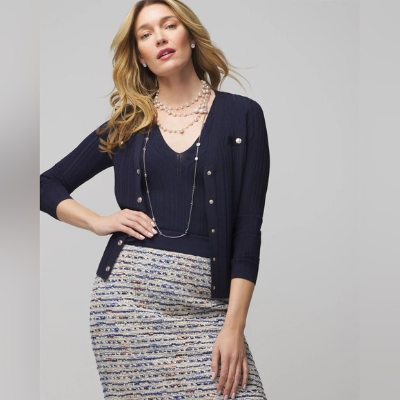 White House Black Market Navy Slinky Long Sleeve Snap Front Cardigan Size M - Picture 12 of 14